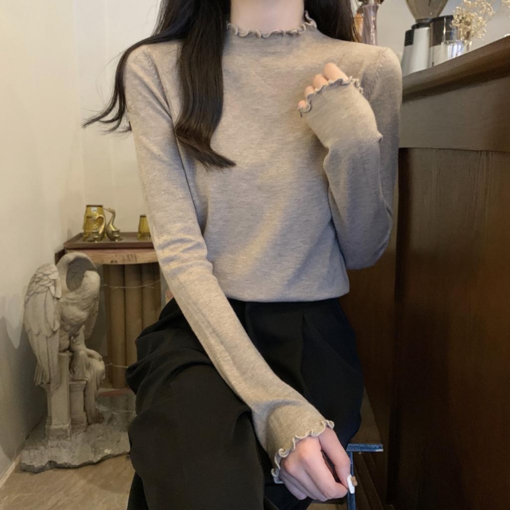 Herbst- und Winterpilzkante Rollkragen Strickpullover Damen schlichte vordere Schulter Innenfutter Oberteil weicher wachsartiger vielseitiger Pullover