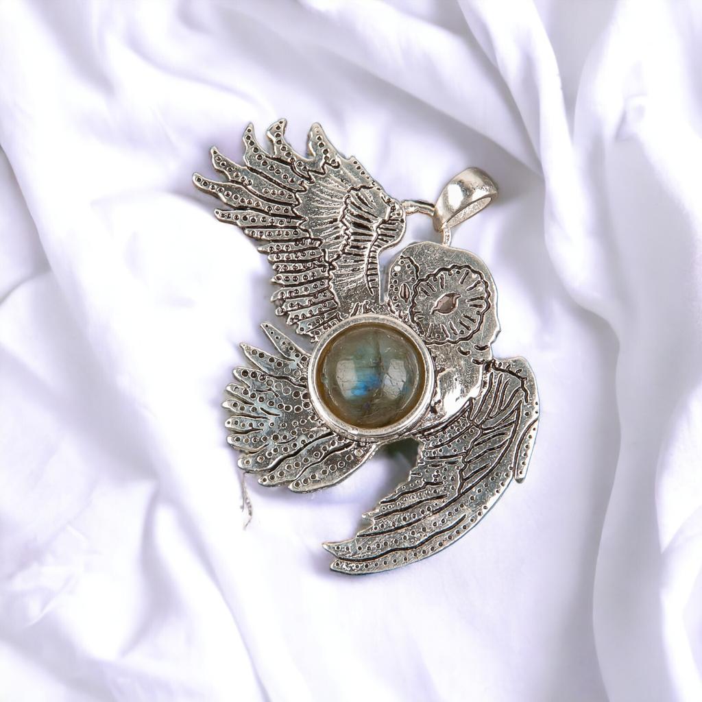 925 Sterling Silver Multi Gemstone Owl Designer Good Luck Jewelry Pendant 1.3" CP-16