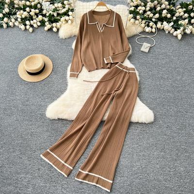 Herbst Frühling Strickhose 2-teiliges Set Damen Turn-Down-Pullover Tops und weite Beinhose Damen Pullover Trainingsanzug