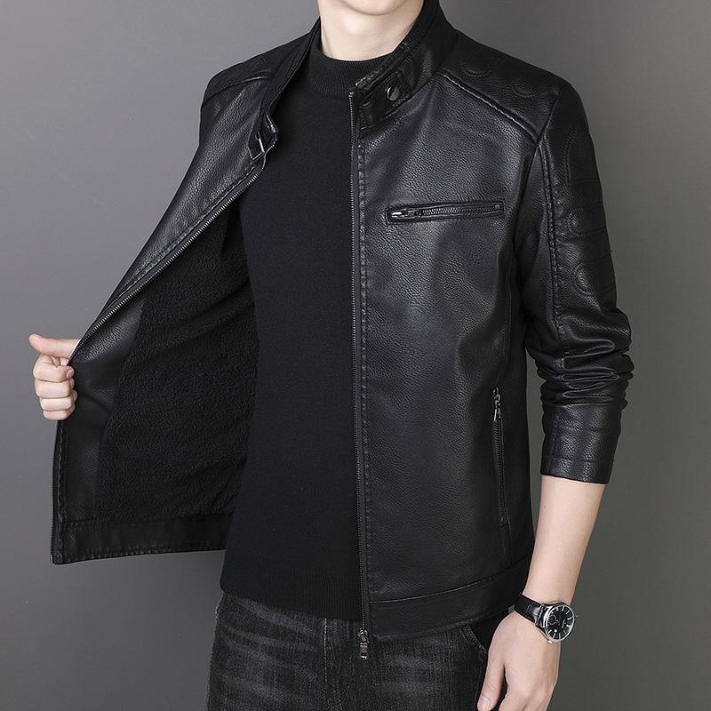 PU Leather Men's Slim Jacket Autumn and Winter Velvet Jacket Men's Casual Stand-up Collar Leather Jacket