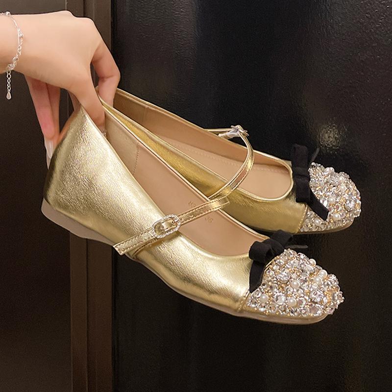 Sweet Bowknot Decoration Increased Internal Ballet Shoes Women Autumn Round Toe Low Heel Pumps Luxury Glitter Dress Party Shoes