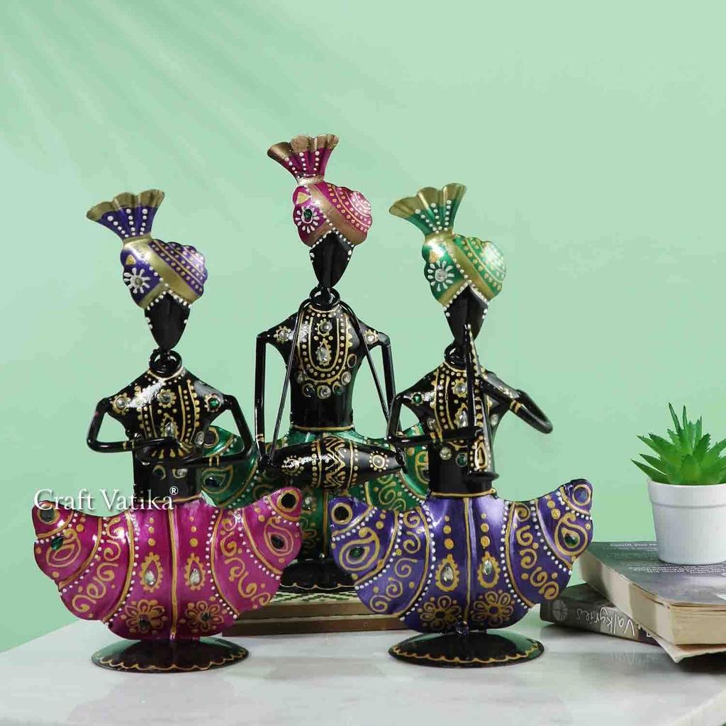 Handmade Metal Iron Sitting Musician Set of 3 Playing Musical Instrument Idol Handpainted Figurine Showpiece for Home Decor
