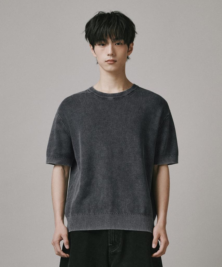 Beodeonteu Pigment Washed Round Neck Knit [Charcoal]