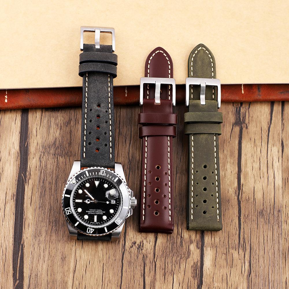 Vintage Leather Watch Strap 20mm 22mm Porous Breathable Watchband Handmade Stitching Replacement Wrist Bracelet Belt Accessories