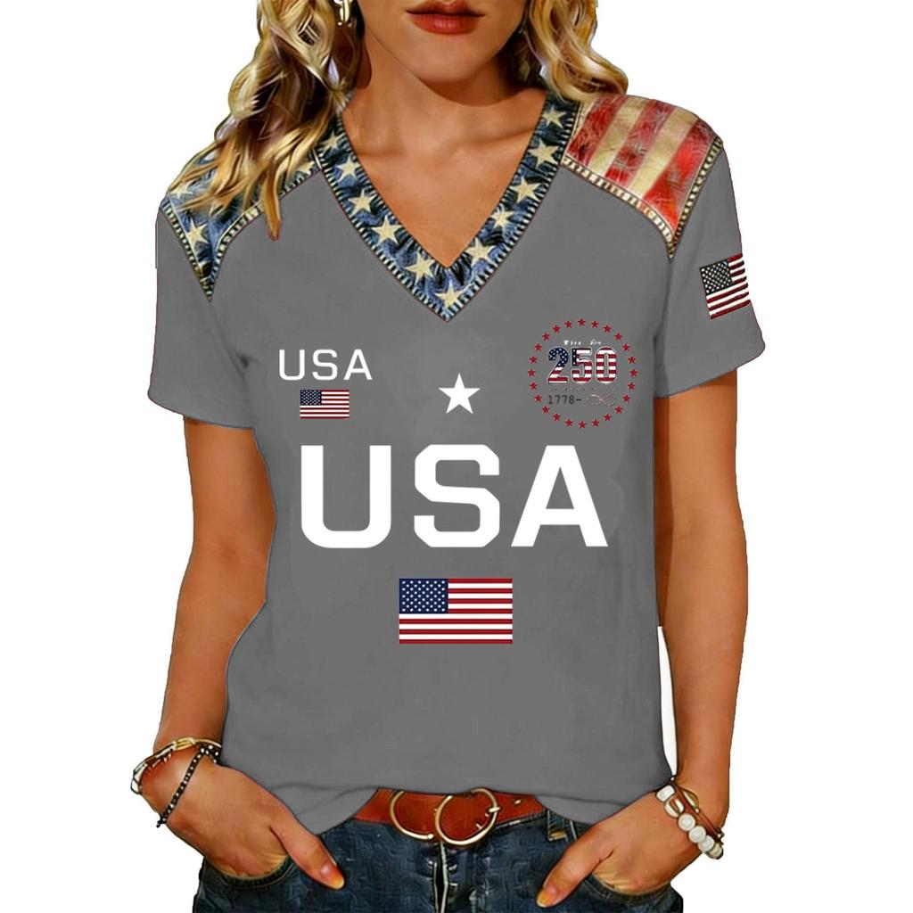 Women V Neck Short Sleeve Pullover T Shirt Top with Printed Letter and Flag Pattern Loose Fit Casual Style Comfortable Material