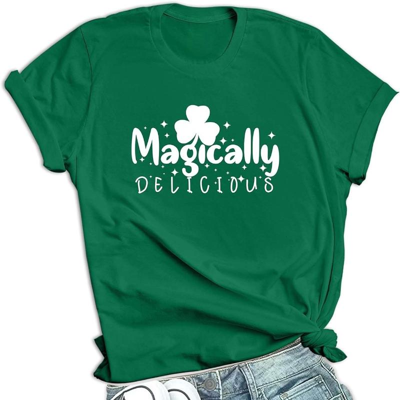 St Patricks Day Shirt Women Magically Delicious Shenanigans Shamrock Pattys Irish Saint Patricks Day Outfits Y2k Tops T Shirt