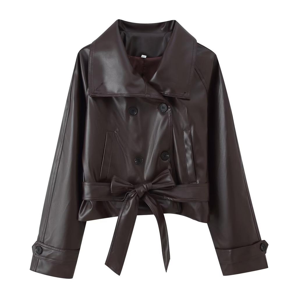 2025 autumn and winter new European and American cross-border women's clothing double-breasted short lace-up leather jacket jacket w017 324