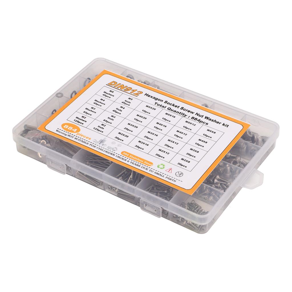 884 Stück Schrauben Muttern Unterlegscheiben Sortiment M2 M3 M4 M5 Rundkopf Innensechskant 304 Edelstahl Befestigungselemente
