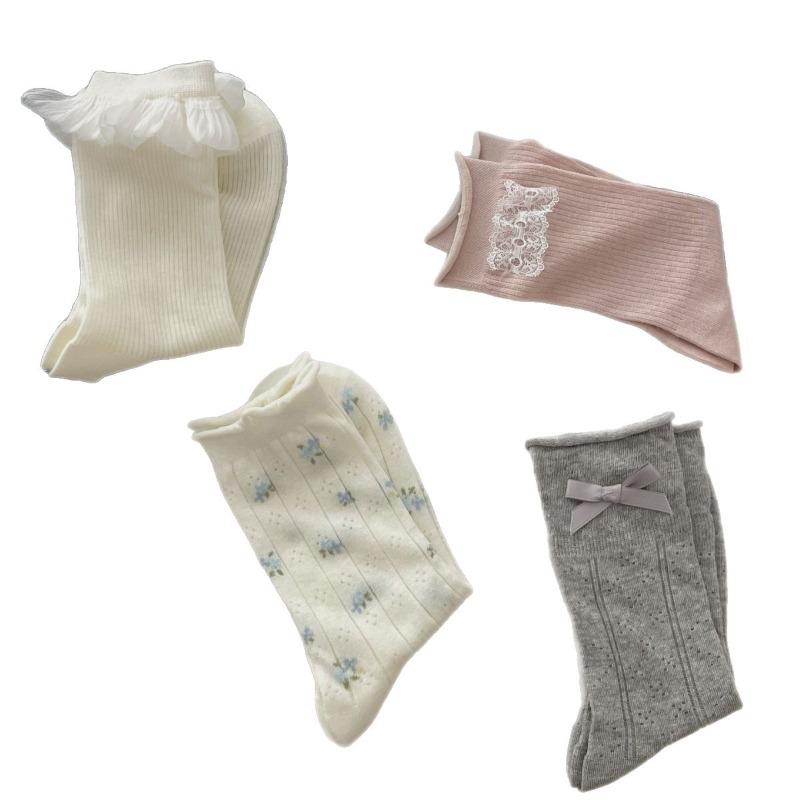 Love-themed Hollowed-out Atmosphere-themed Bow Tie Pile Socks for Children, Lightweight and Breathable Mid-calf Socks with Sweet Floral Patterns