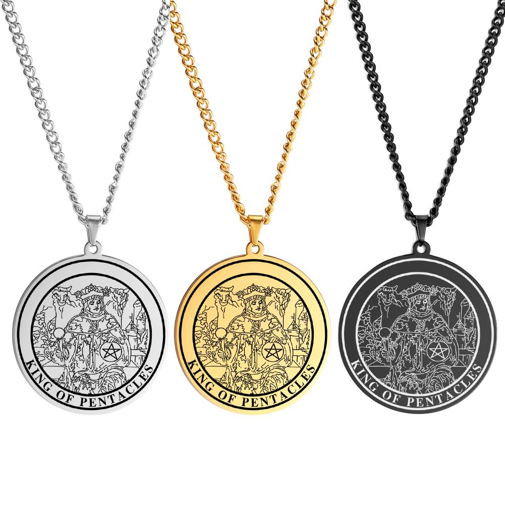 LIKGREAT Spiritual Tarot Necklace for Men and Women Pentacles Pendants Necklaces Vintage Round Stainless Steel Jewelry Gift