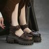 Johnature Genuine Leather Retro Pleated Thick Soled Sandals Comfortable And Breathable Women's Shoes