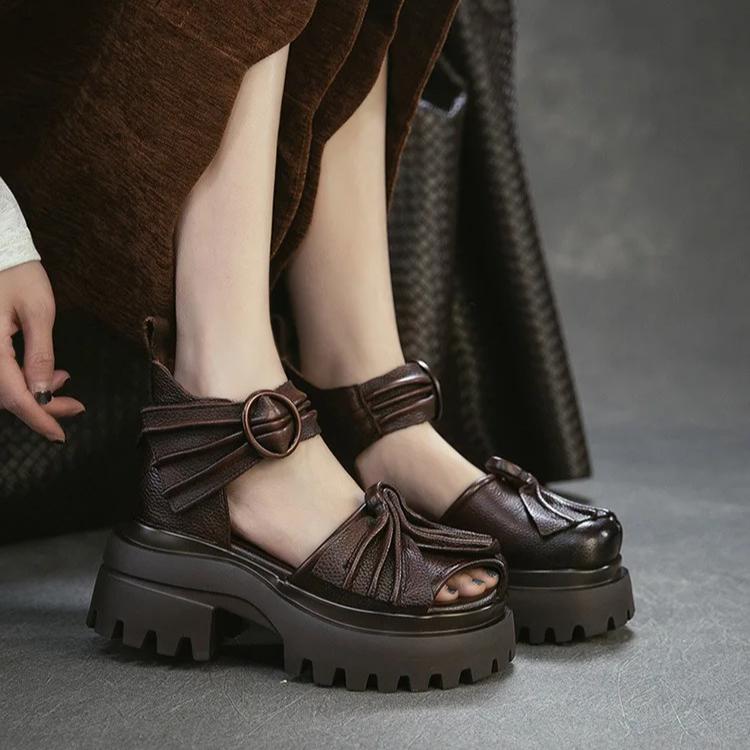 Johnature Genuine Leather Retro Pleated Thick Soled Sandals Comfortable And Breathable Women's Shoes