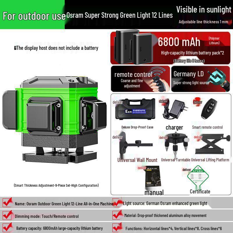 Precision 16-Line Green & Blue Laser Level with Infrared Projection