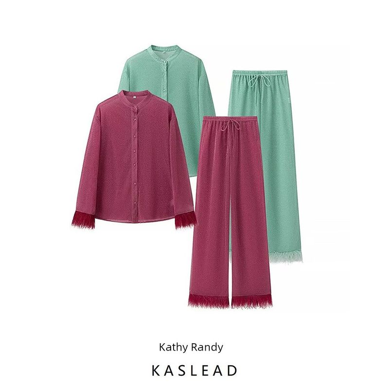 Kaslead New Arrival Women's Clothing Fashion Style Fashion Minority Design Long Sleeves Feather Coat Casual Pants Suit