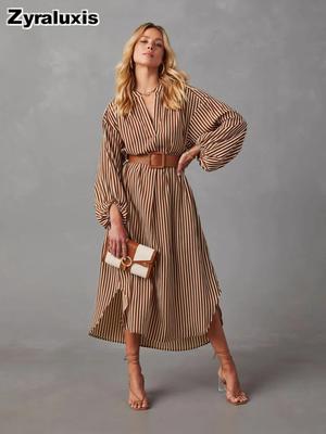 Women's Spring Fashion V-Neck Loose Striped Belted Shirt Dress