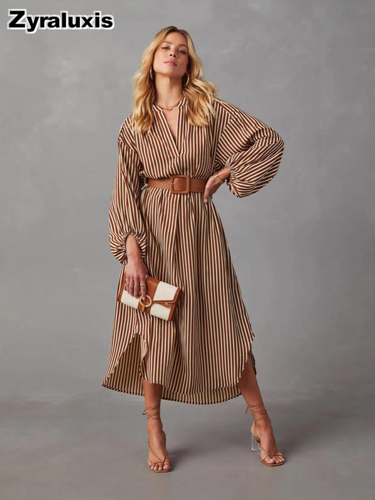 Women's Spring Fashion V-Neck Loose Striped Belted Shirt Dress