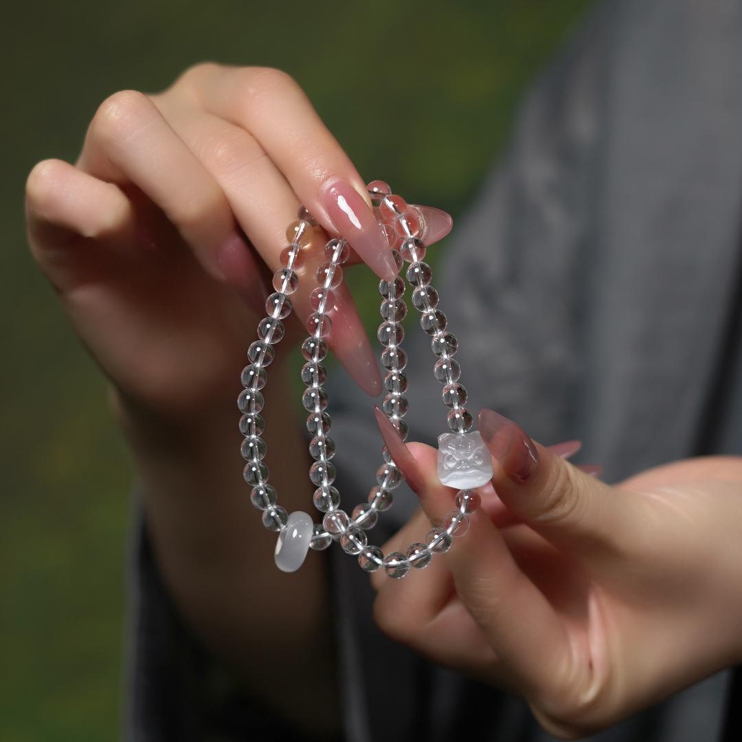 Natural White Crystal Chinese Style Bracelet6mm Round bead lion dance bracelet for women, double loop, fortune-bringing, with cotton thread 6MM