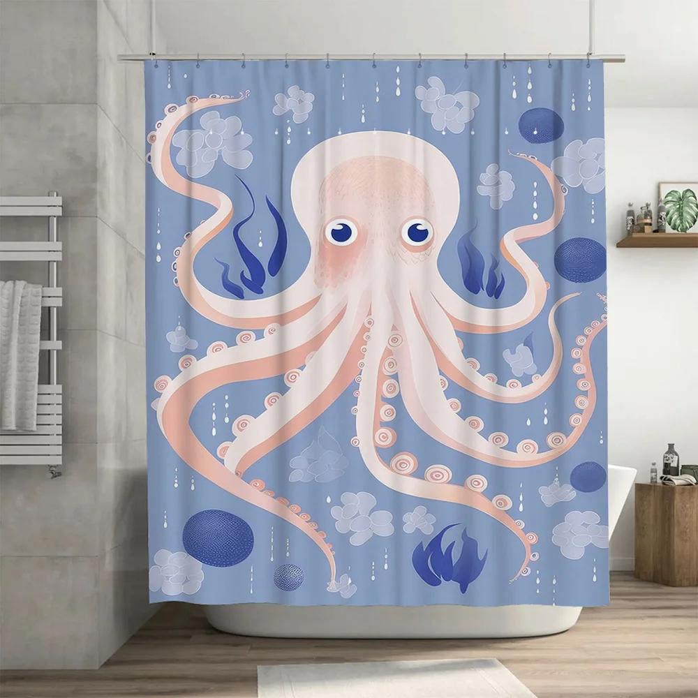 Ocean Blue Bath Curtain featuring Octopus Clouds Pattern, Waterproof Fabric for Home Decor in Bathroom Accessories Blue Pink Col