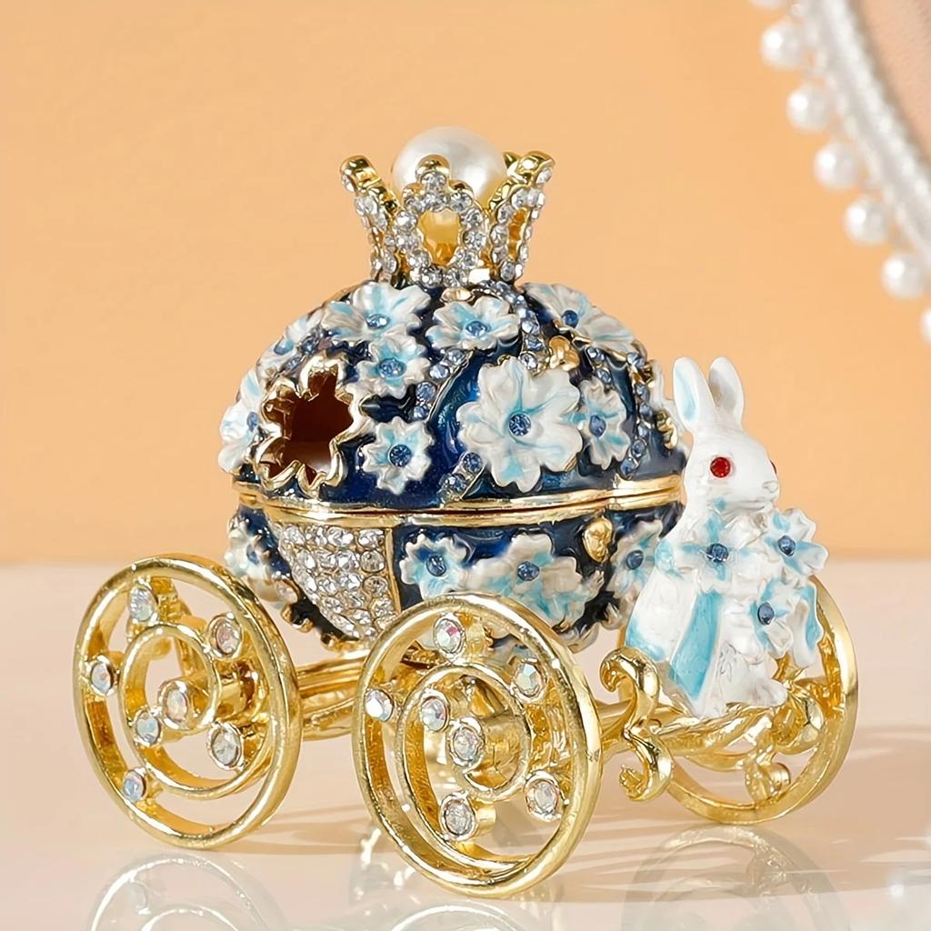 1pc Pink Cherry Blossom Rabbit Carriage Jewelry Box Enamel Craft Alloy Box Small Gift Ornament