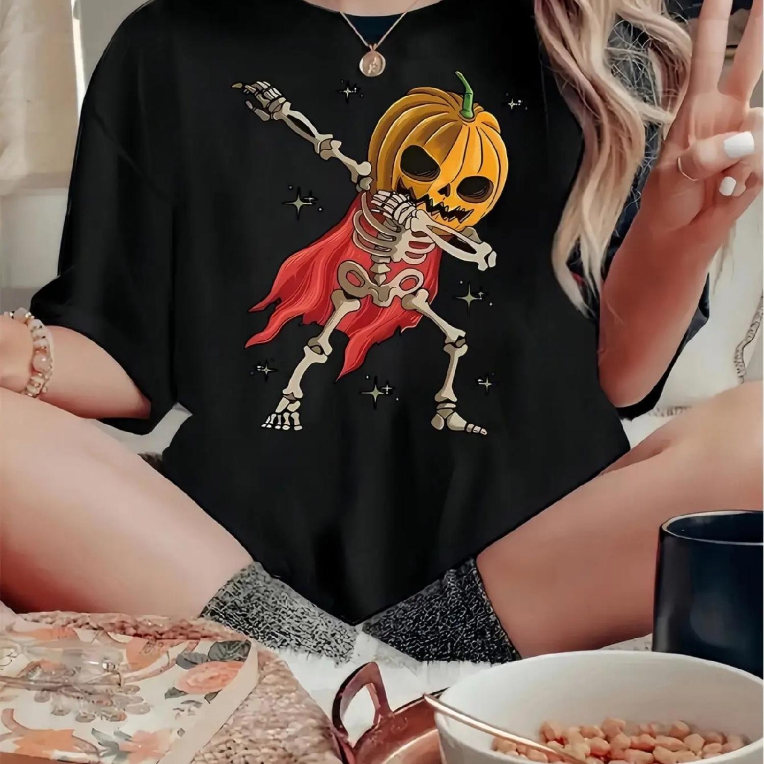 

1pc Women S Casual Crew Neck T-Shirt with Geometric Pumpkin Skeleton Print, Fashionable Short Sleeve Knit Fabric Top, Comfortabl XXXXXL різнокольоровий