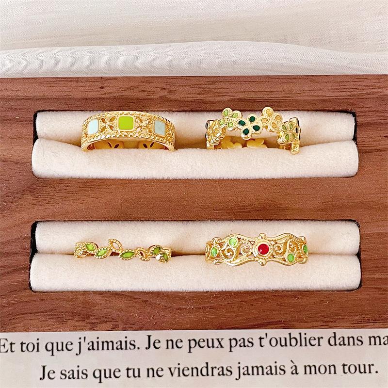 Retro Gold Enamel Open Ring Pattern Niche Design Inlaid Fashion Elegant Exquisite High Sense Ring Women
