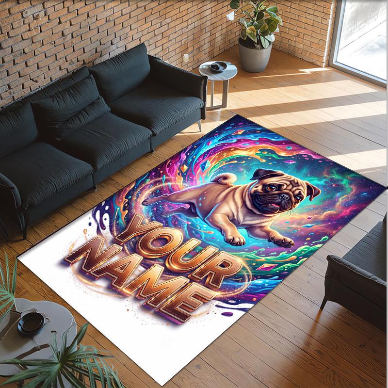 Pug Theme Crystal Velvet Floor Rug Personalized Custom Name Text Warm Carpet Home Decoration