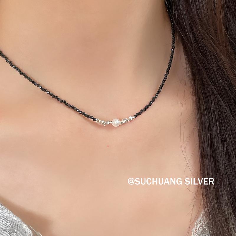 Su Chuang S925 Sterling Silver & Pearl Beaded Necklace with Black Spinel - Women's Light Luxury Clavicle Chain