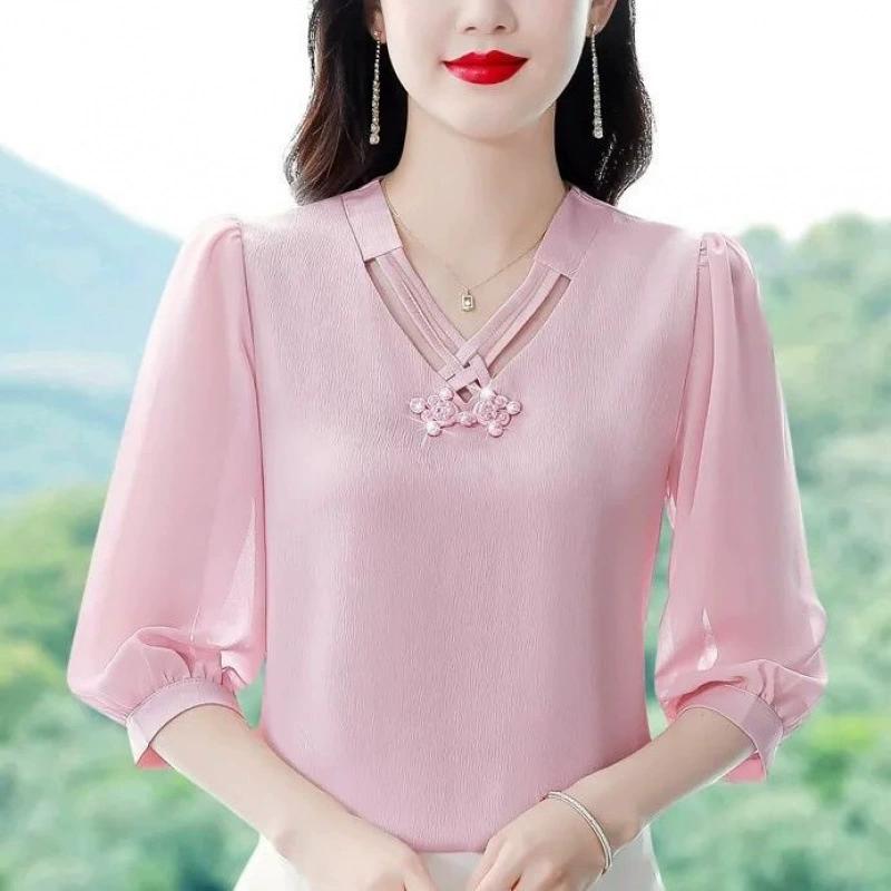 Einfarbiges Chiffonhemd für Damen, neues Sommeroberteil mit V-Ausschnitt, Siebenviertelärmel, vielseitige Pullover, Chiffonbluse