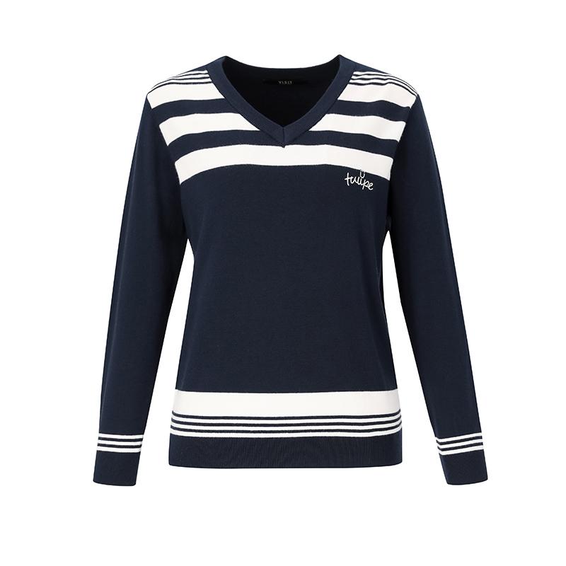 Visit In New York Striped V-Neck Sweater (Vz2Lk10) Navy(45)/055