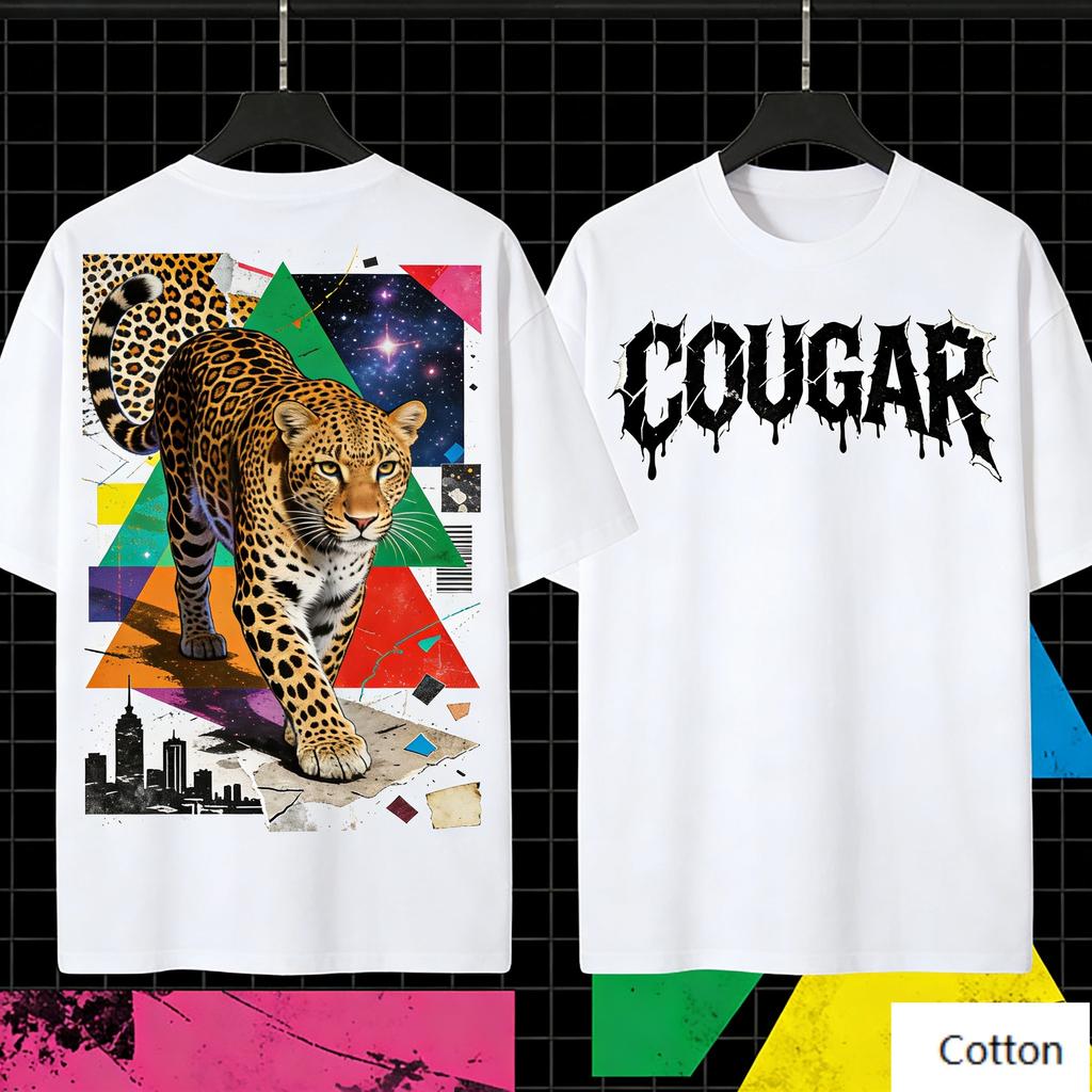 Cougar Leopard Geometric Collage Print Cotton T Shirt Unisex Women Streetwear Punk Style Loose Casual Tee