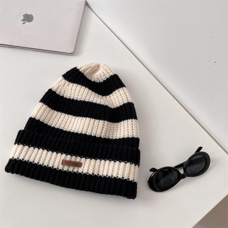 Winter Warm Wool Hats Stacking Hats Thickened Stripes Contrasting Colors Knitted Hats Big Head Circumference Showing Small Face