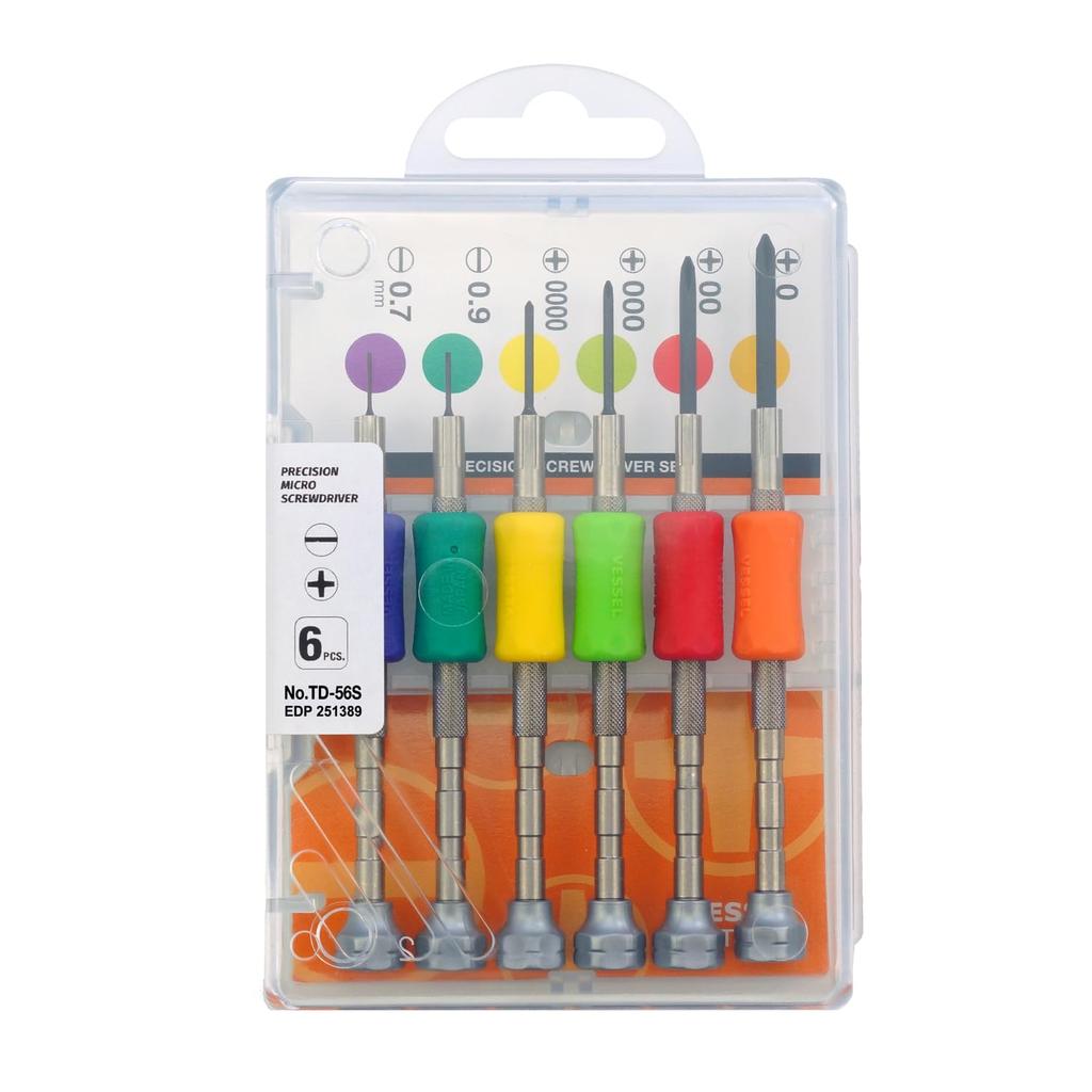 VESSEL Precision Screwdriver Set for Ultra-Fine Screws, 6-Piece Set, +0, +00, +000, +0000, -0.7, -0.9, TD-56S