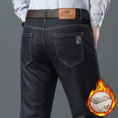 2025 Men's Business Fashion Warm Straight Fleece Jeans Classic Style Winter Thickened Denim Pants Casual Trousers Male