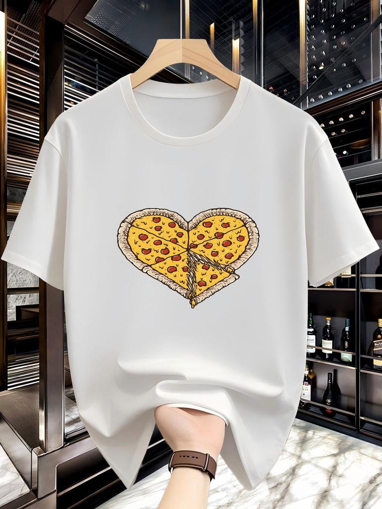 Men'S T-Shirt Featuring a Creative Cartoon Heart Pizza Design, Short Sleeves, Stylish And Unique, with a Loose Fit And Casual Round Neck
