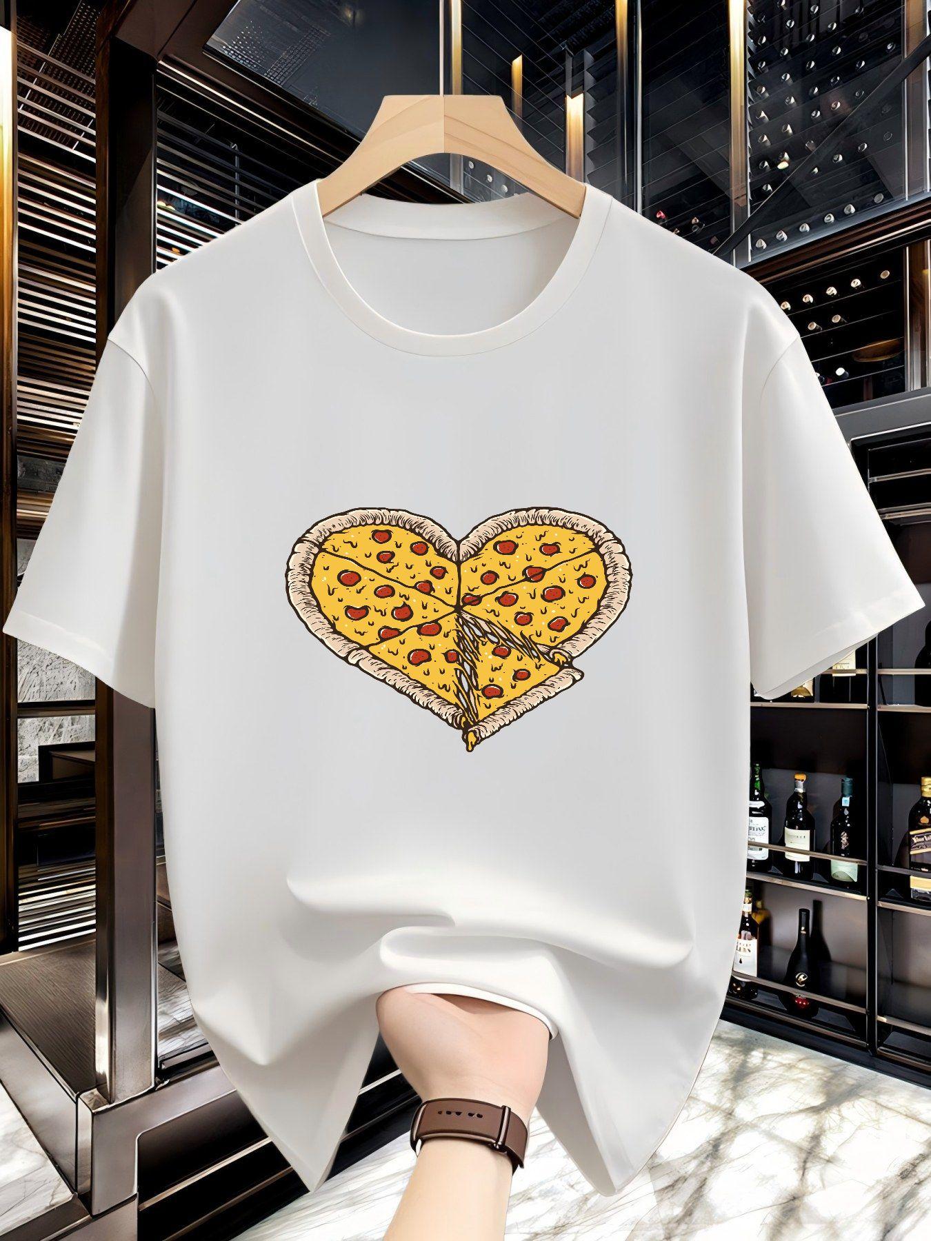 

Men S T-Shirt Featuring a Creative Cartoon Heart Pizza Design, Short Sleeves, Stylish And Unique, with a Loose Fit And Casual Round Neck S белый