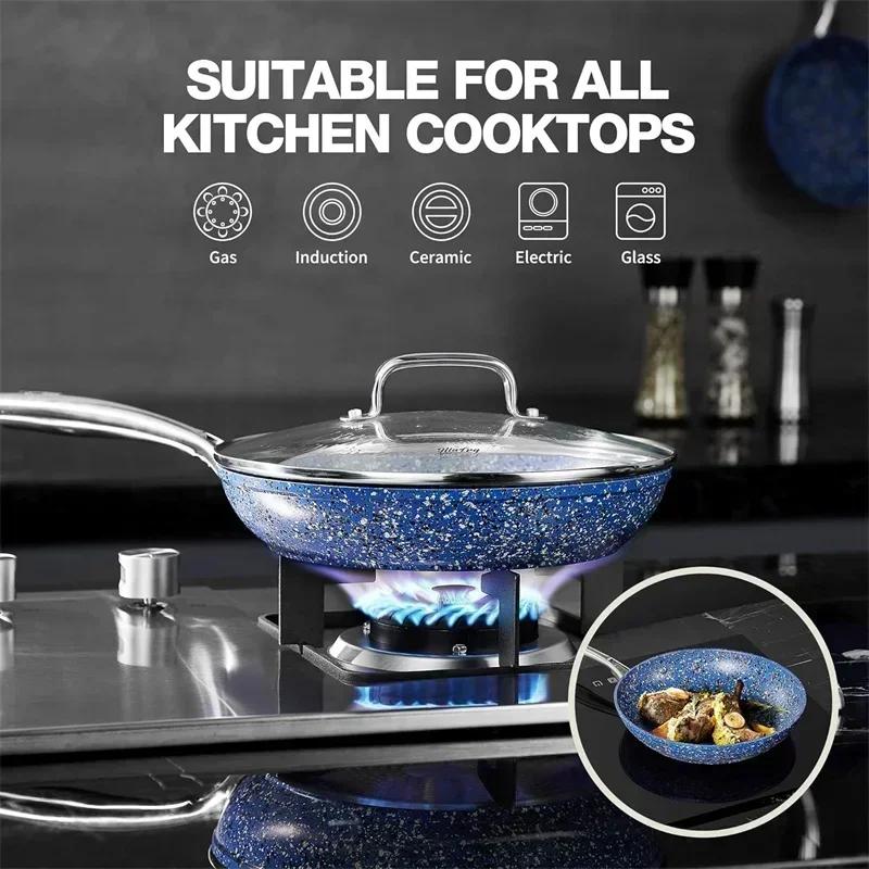 HLAFRG 10-inch Non-stick Frying Pan with Lid Granite Coated Egg Pan Cooking Pot with Stainless Steel Handle Induction Compatible