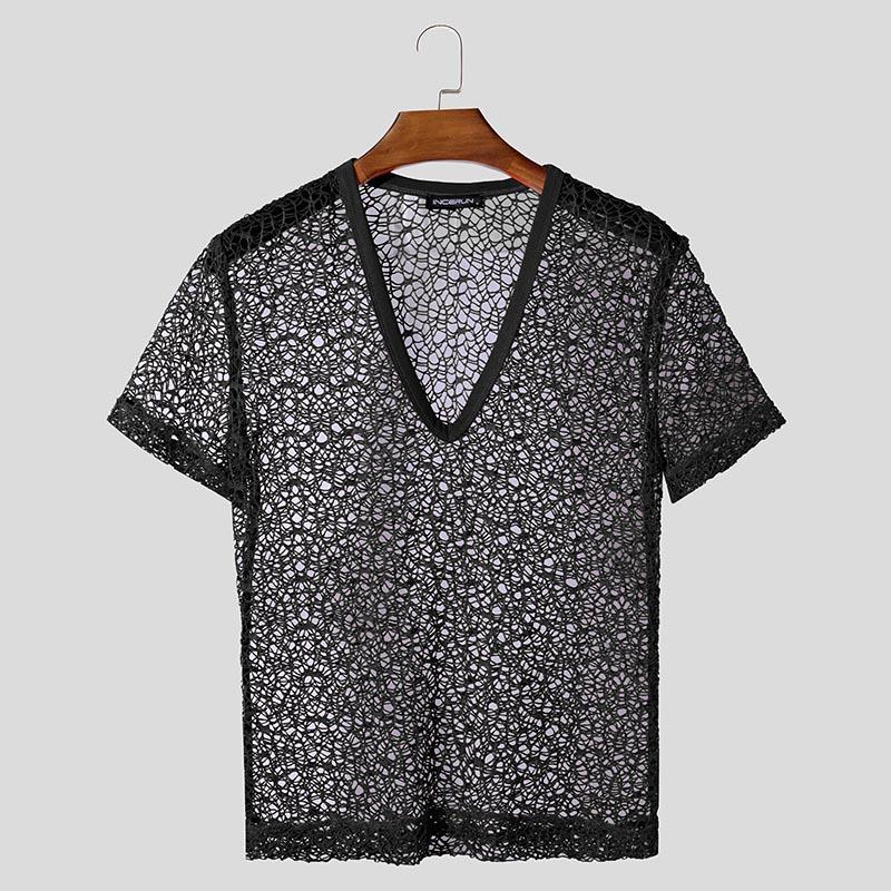 

INCERUN Летние мужские сетчатые прозрачные повседневные пляжные футболки с V-образным вырезом и коротким рукавом S чёрный