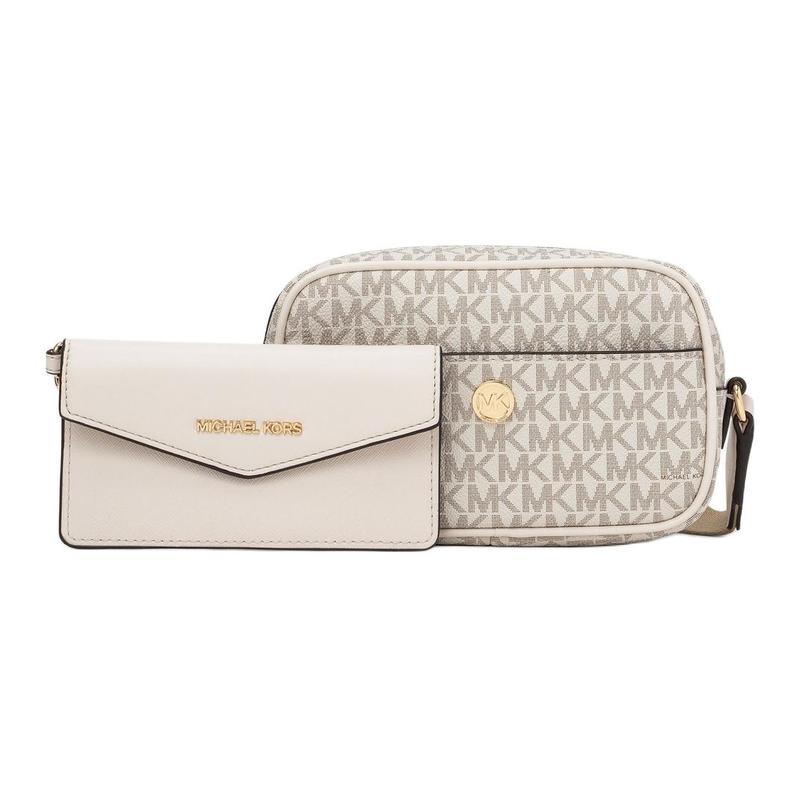 Michael Kors Crossbody Bag Maisie 2-in-1 Design Classic Old Flower All-over Printed Metal Accessories Coated Canvas Camera Small Size Women's Light