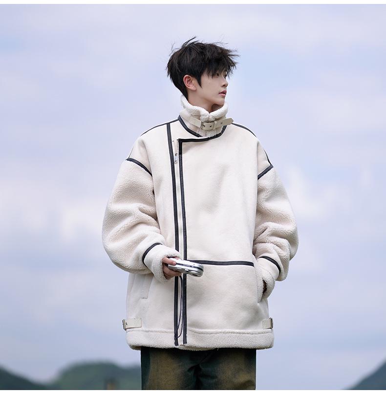 Men's Lambswool Fur-Lined Color Block Winter Jacket, Trendy American Brand, Plus Size, Thickened Cotton for Teens