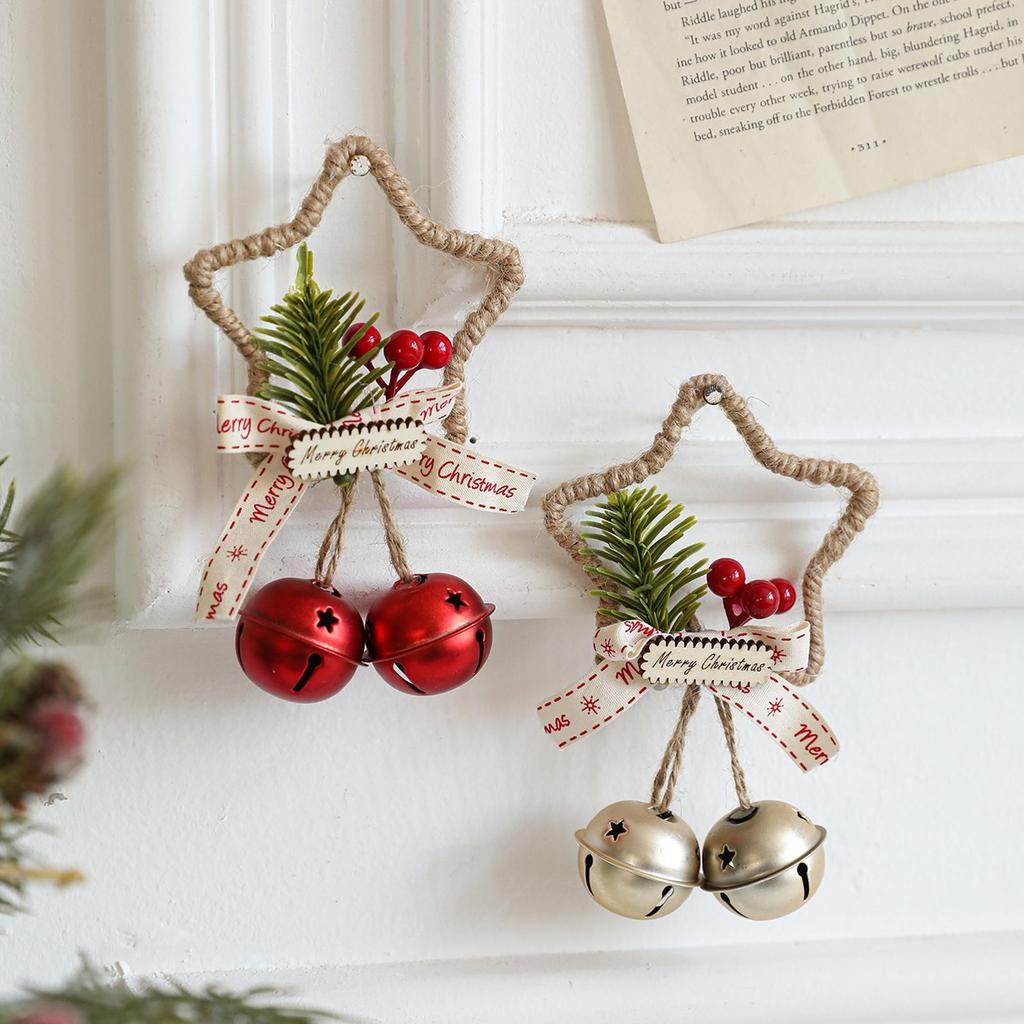 2025 Christmas Star Bow Bell Ornament Hangable Five-pointed Star Bells Wreath Pendant For Window Wall Door Handle