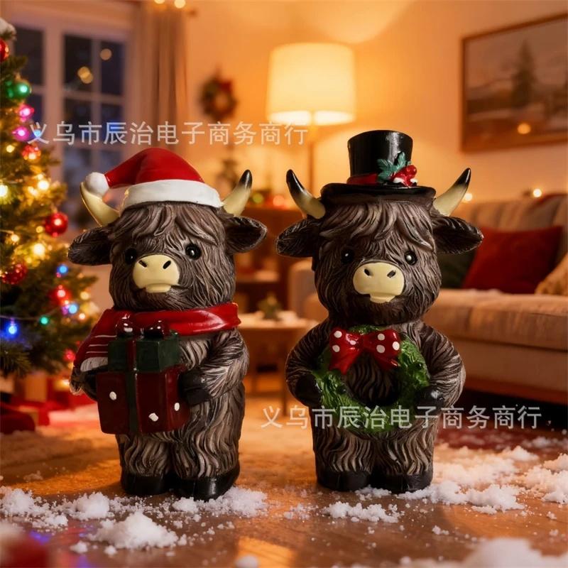 Resin Highland Cow Christmas Statue Tabletop Ornament Rustic Farmhouse Desk Decor Centerpiece For Animal Lovers Christmas