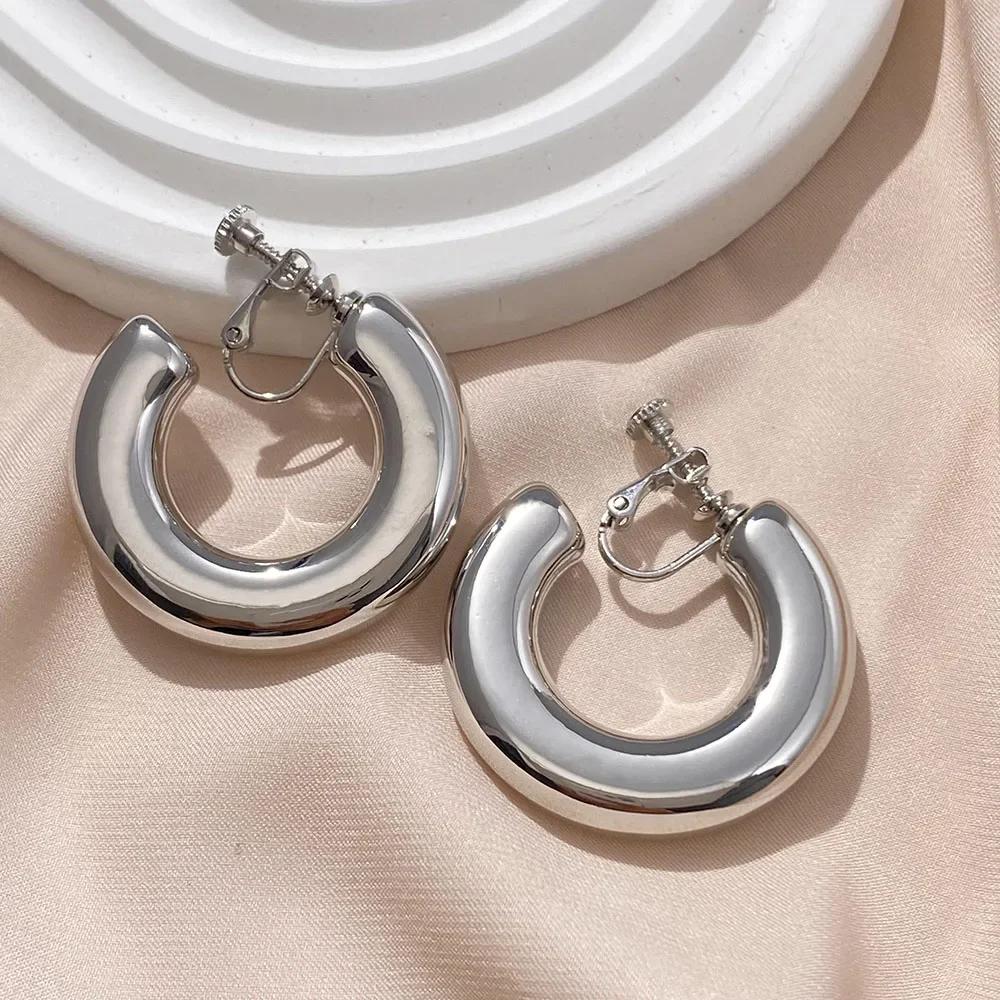 Vintage Oversize Chunky Round Circle Clip Earring for Women C Shape Tube Thick Without Pierced Hoop Earclips Jewelry Trendy