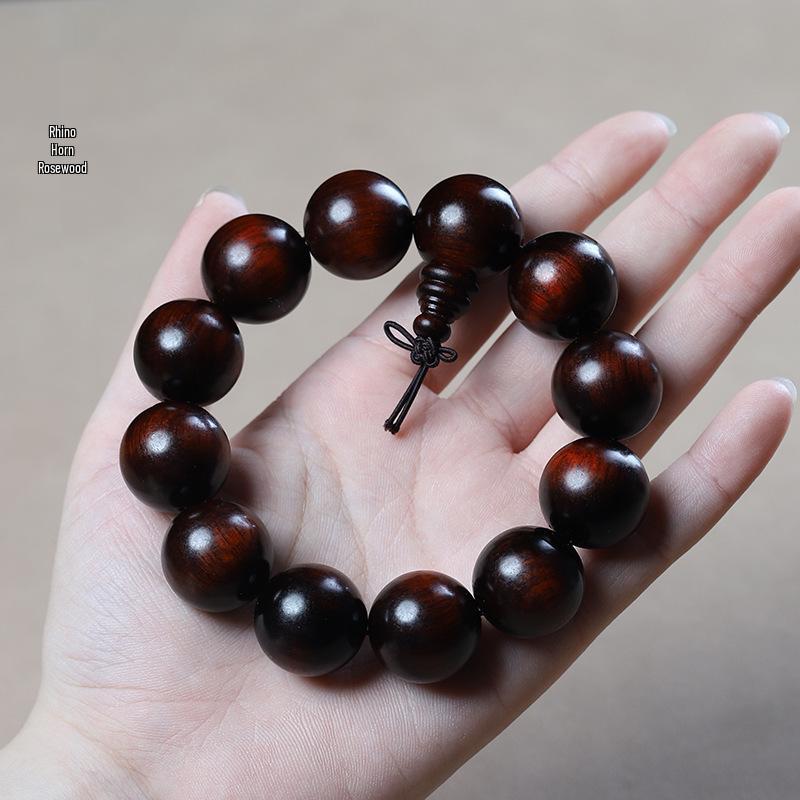Men's Small-Leaf Red Sandalwood & Green Sandalwood Bracelet with Yellow Rosewood and Ebony Buddhist Beads 2.0".