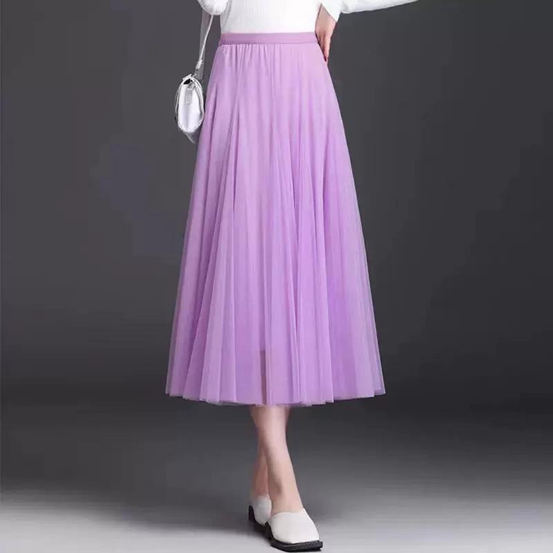 2025 High-Waist A-Line Mesh Skirt: Three-Layer Pleated Fairy Skirt for Spring & Autumn