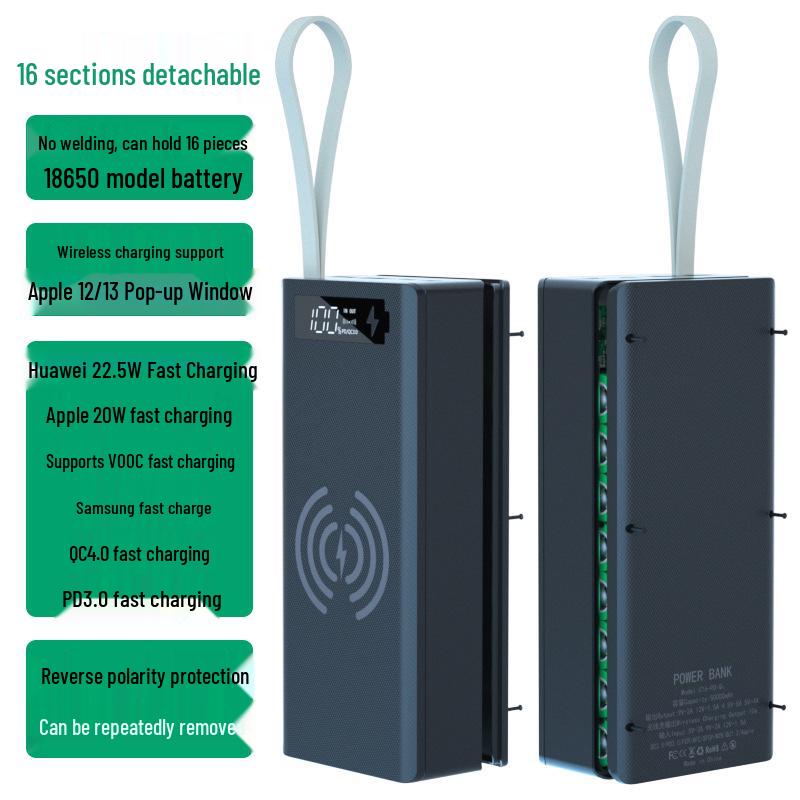 16-Slot DIY Removable 18650 Battery Power Bank with Fast Wireless Charging