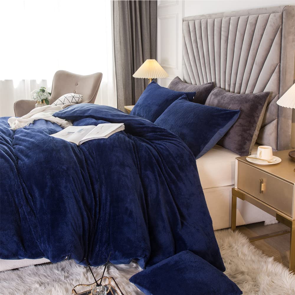 

2/3pcs Velvet Shaggy Duvet Cover Set Ultra Soft Fluffy Duvet Cover Bedding Set Twin темно-синий