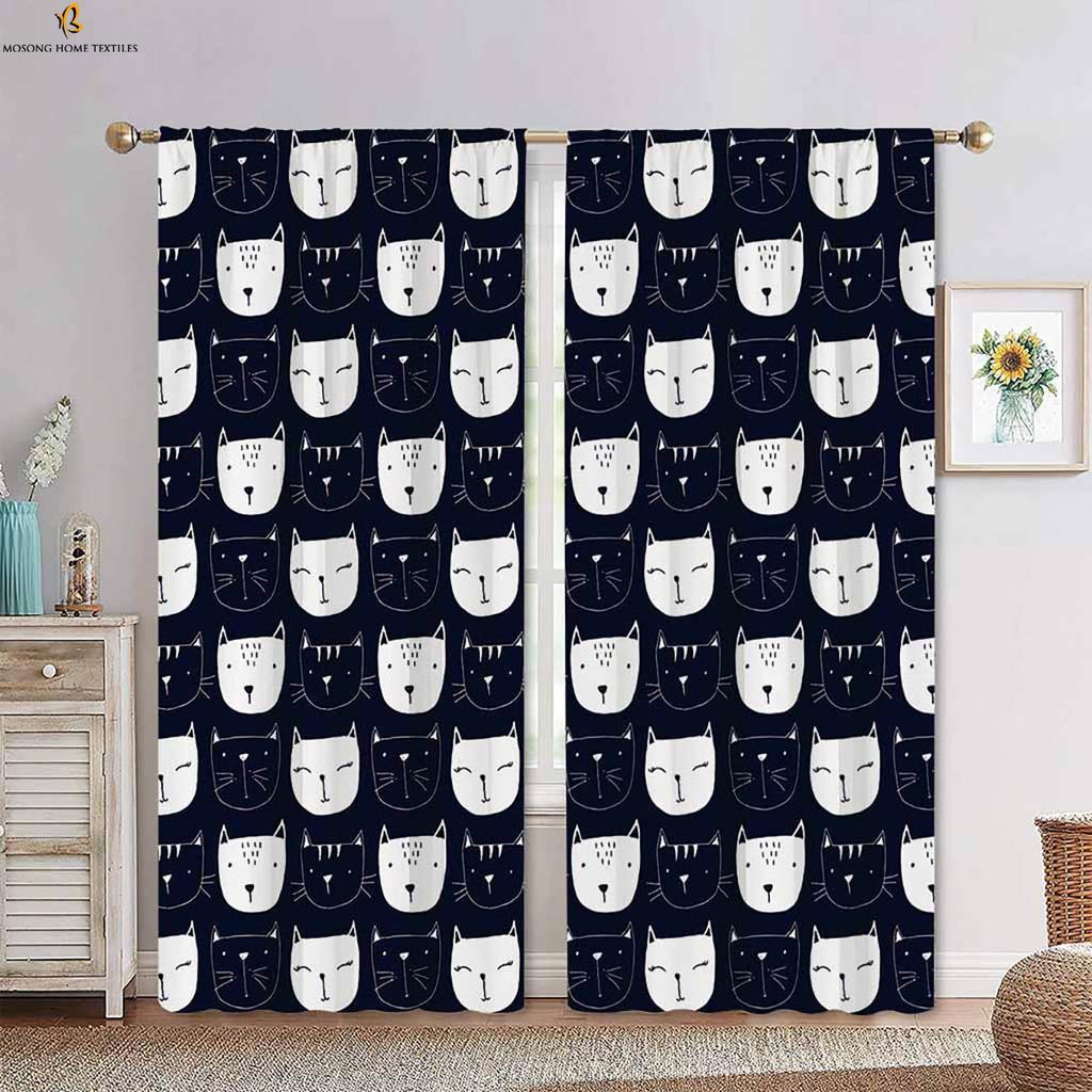 Set Of 2 Cat Animal Pattern Decorative Curtains Cartoon Cute Boys Girls Bedroom Children Room Polyester Fiber Printing Curtain For Made
