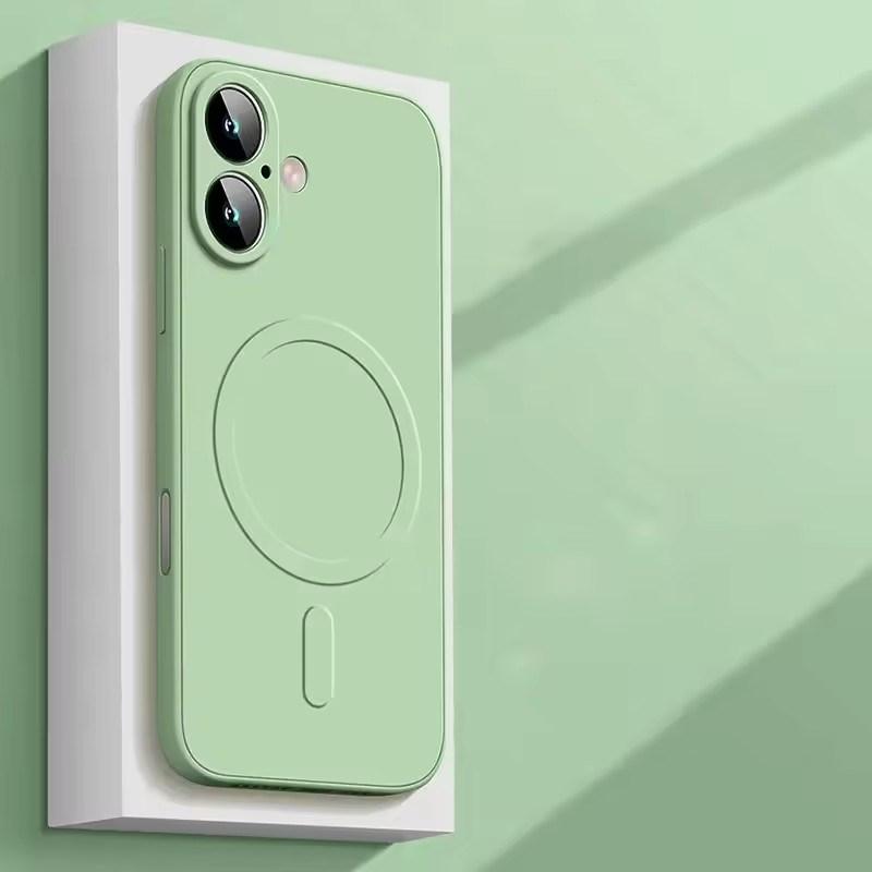 

Высококачественный жидкий силиконовый магнитный чехол для iPhone17 Air 16 15 14 Plus 13 12 Mini 11 Pro XS Max 7/8 для беспроводной зарядки Magsafe, мягкая накладка iPhone 17 зелёный