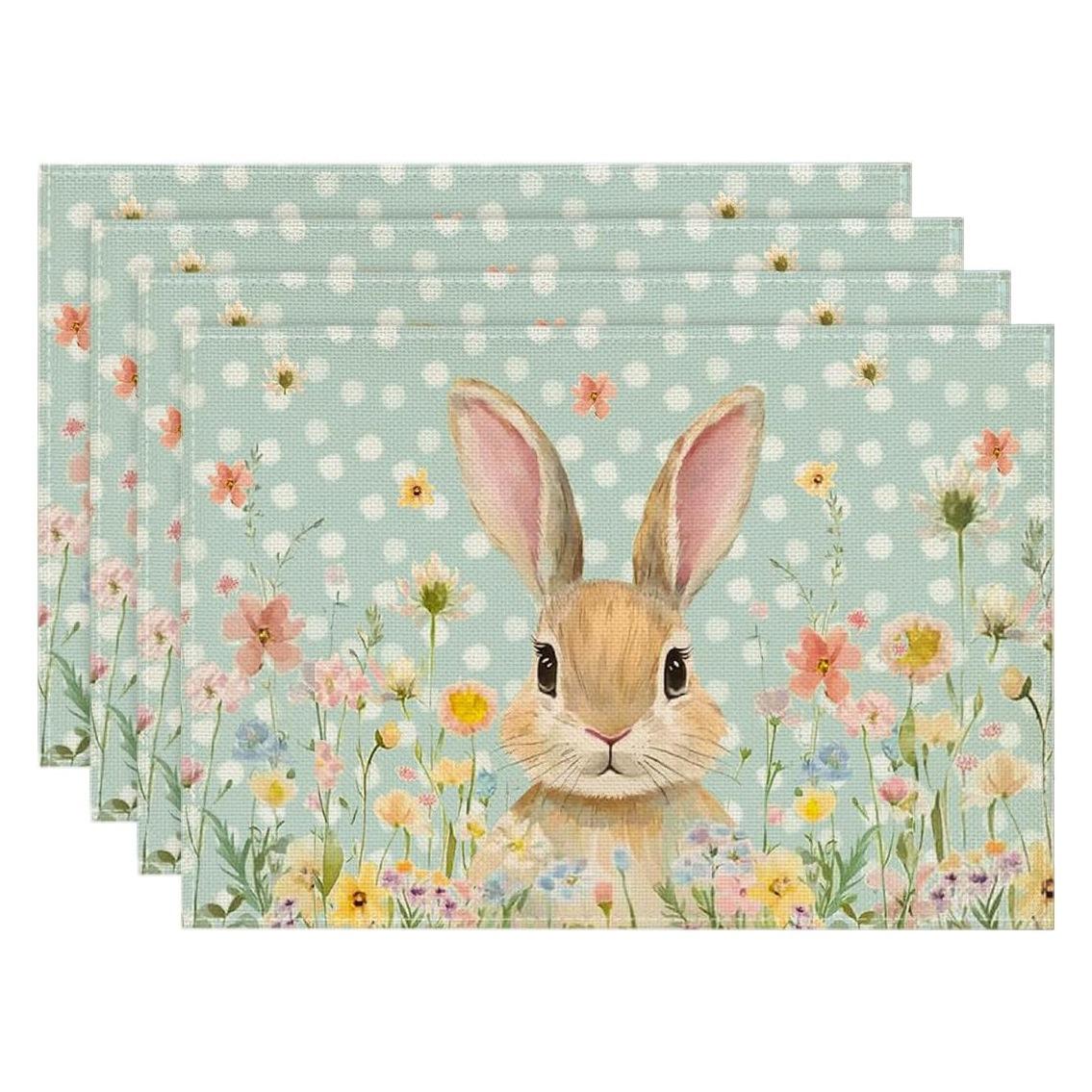 

Easter Rabbit Placemats Set, Washable Linen Place Mat Heat Resistant Non Slip Kitchen Dining Table Mats 1pcs