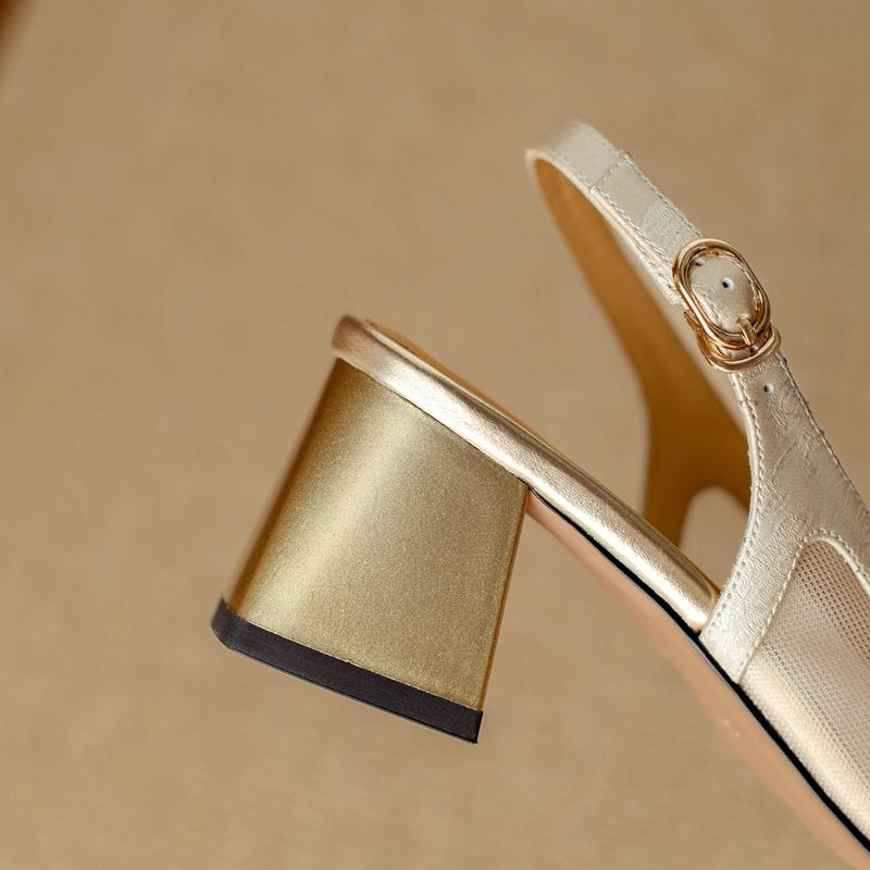 Fashion Women's New Summer Square Head Genuine Leather Cowhide Breathable Mesh Metal Jewelry High Heel Large Headed Muller Sandals